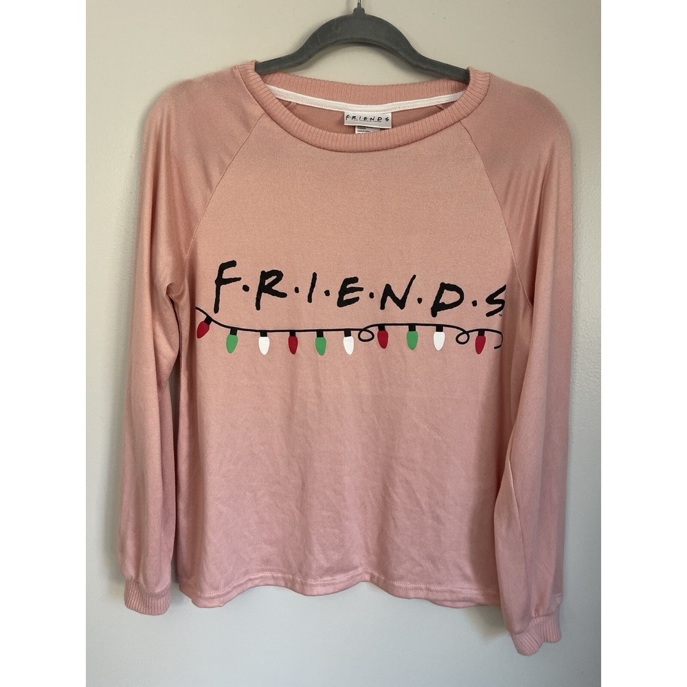 Friends TV Show Holiday Lights Sleep Top Pink Long Sleeve Raglan Shirt Small
